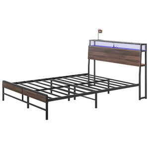 English Elm HOMCOM LED Platform Queen Bed Frame with USB-C Charging Station, 3-Tier Shelf, Noise-Free Support Walnut W2225P249912