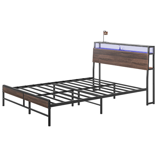 English Elm HOMCOM LED Platform Queen Bed Frame with USB-C Charging Station, 3-Tier Shelf, Noise-Free Support Walnut W2225P249912