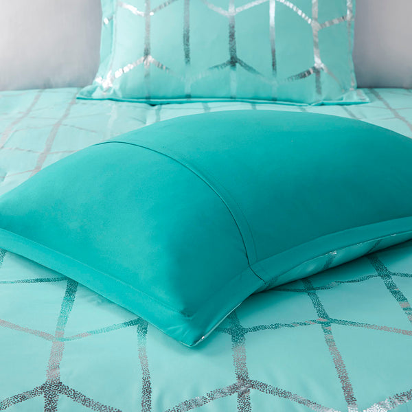 JLA Home Intelligent Design - Metallic ultra-soft microfiber comforter set with geometric metallic print, antimicrobial freshness and hotel-inspired styling Aqua/Silver ID10-1241