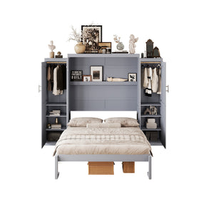 English Elm Full Full Size Murphy Bed with Two Wardrobes and Foldable Platform, Space-Saving Modern Guest Solution Gray 84.9 L x 12 W x 7 H N733S235596E