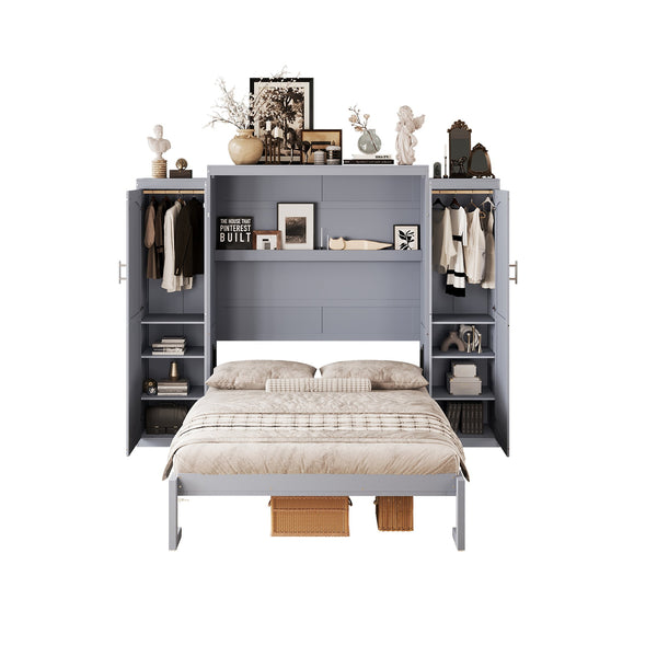 English Elm Full Full Size Murphy Bed with Two Wardrobes and Foldable Platform, Space-Saving Modern Guest Solution Gray 84.9 L x 12 W x 7 H N733S235596E