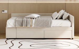 English Elm Twin Velvet L-Shaped Upholstered Platform Bed with Plush Headboard, Hidden Drawers & Cabinet Storage Beige SF000182AAA