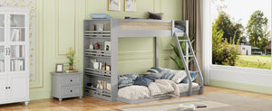 English Elm Twin Over Full Bunk Bed with Cane Guardrail Led Lighting and Built-in Bookshelf Gray LT000351AAE