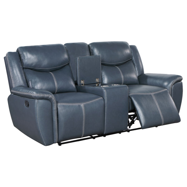 English Elm Stanwicke Blue 2-Piece Reclining Sofa Set with Loveseat Console, Faux Leather, Contrast Stitching, Pillowtop Arms for Ultimate Comfort B062S01275