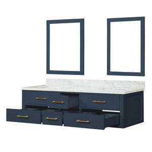 English Elm Blue Double Bath Vanity 72 in W x 22 in D with Carrara Marble Top, Soft-Close Drawers & Dual 34" Mirrors B2731S01571