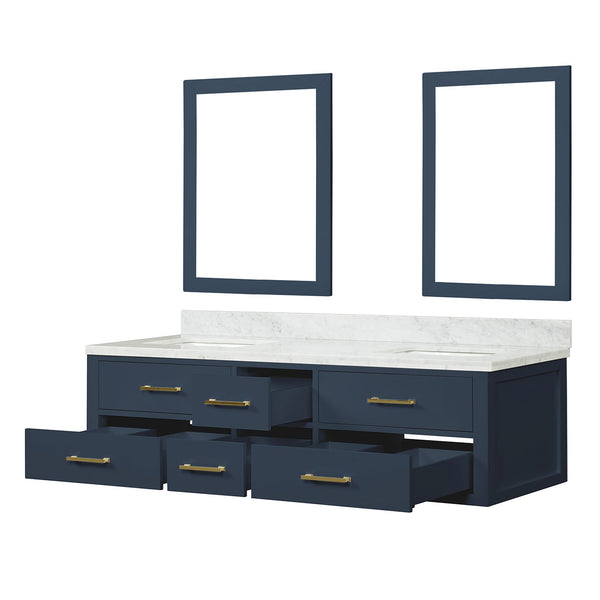 English Elm Blue Double Bath Vanity 72 in W x 22 in D with Carrara Marble Top, Soft-Close Drawers & Dual 34" Mirrors B2731S01571