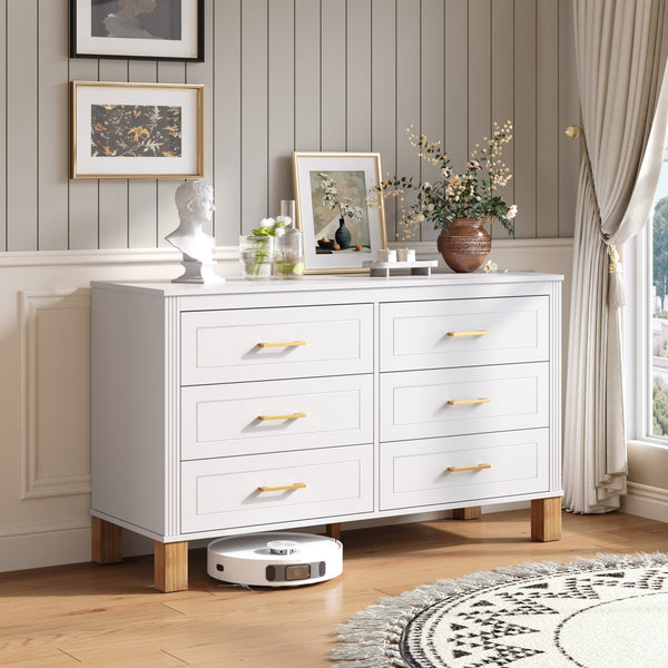 English Elm 6-drawer Double Dresser Solid Wood Legs Mid-century Modern Bedroom Storage Cabinet White W1445S00007