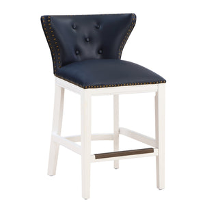 English Elm Macon Midnight Blue Faux Leather Counter Stool with Tufted Back, Antique Brass Nailhead Trim, White Wood Base B050P364431