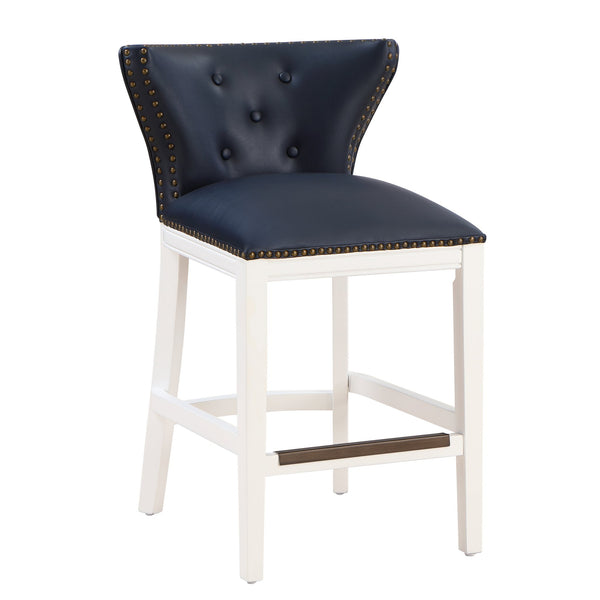 English Elm Macon Midnight Blue Faux Leather Counter Stool with Tufted Back, Antique Brass Nailhead Trim, White Wood Base B050P364431