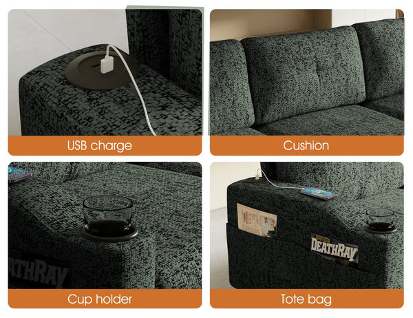 English Elm Convertible Modular 3-Seater Sofa with Removable Ottomans, Dual Side Storage and Versatile Layouts Green W2012P318978