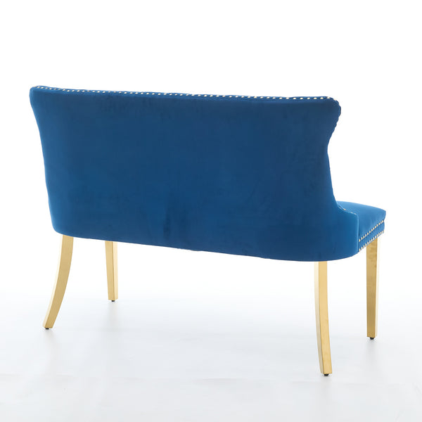 English Elm Velvet Wingback Dining Bench Tufted Two Seat Mid Century Modern Brushed Steel Base Blue W1143P406979