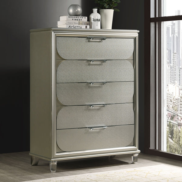 English Elm Contemporary Glam Acrylic-Handled 6-Drawer Dresser with Embossed Panels, Felt-Lined Jewelry Drawer Silver 40 L x 21 W x 51 H B2741P351981