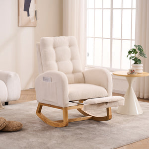 English Elm LY-5104 Plush High-Back Rocking Chair with Footrest & Storage Pocket, Ergonomic Foam Cushion for Nursery Beige+White W2231P292976
