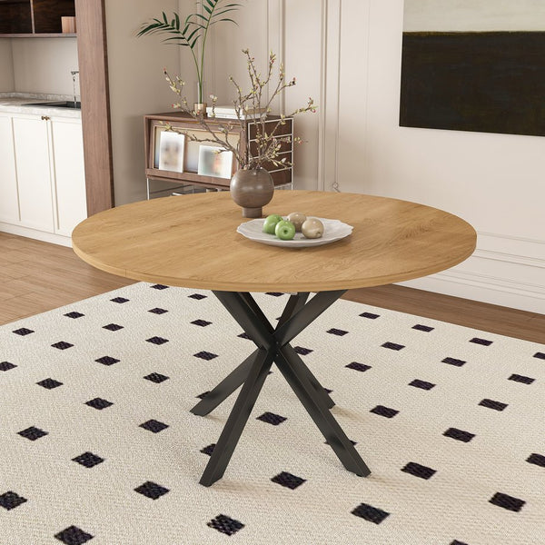 English Elm Extendable Round Oak Finish Dining Table Seats Six with Steel Base Modern Kitchen W2700P420811