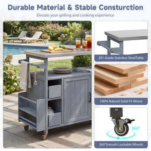English Elm 54.33" Farmhouse Outdoor Kitchen Cart Solid Fir Frame Steel Top Storage Bbq Prep N767P379702C