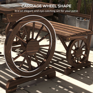 English Elm Outsunny Rustic Pine Outdoor Dining Set Seats 4 with Wagon Wheel Carved Benches W2225P174471