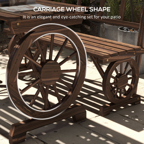 English Elm Outsunny Rustic Pine Outdoor Dining Set Seats 4 with Wagon Wheel Carved Benches W2225P174471