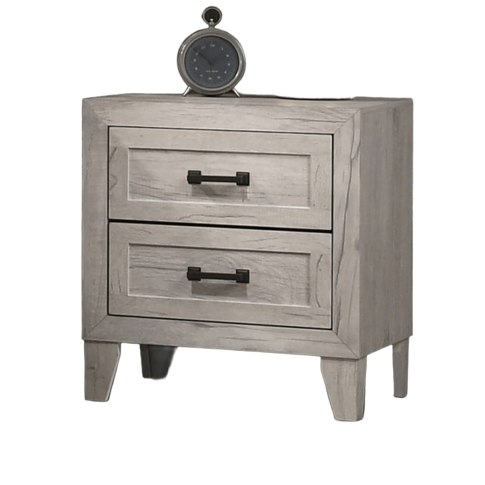 English Elm Bedside Whitewash Nightstand with 2 Drawers, Contemporary Melamine Finish, Black Metal Handles, Compact Storage 23.5"H B2741P326716