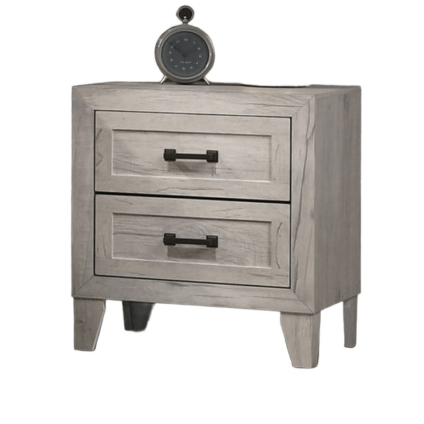 English Elm Bedside Whitewash Nightstand with 2 Drawers, Contemporary Melamine Finish, Black Metal Handles, Compact Storage 23.5"H B2741P326716
