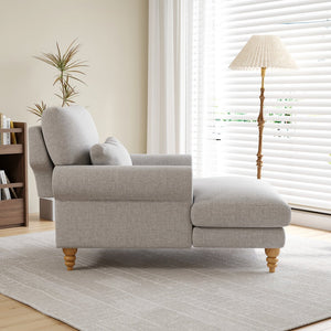 English Elm Upholstered Chaise Lounge Rolled Arms Reclining Back Foam Cushion Elegant Wood Feet Light Gray T3623P411642