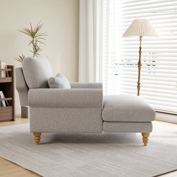English Elm Upholstered Chaise Lounge Rolled Arms Reclining Back Foam Cushion Elegant Wood Feet Light Gray T3623P411642