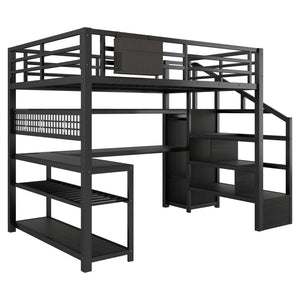 English Elm Full Size Steel Loft Bed with Staircase Storage Wardrobe Desk and Led Lighting Black W2593S00079