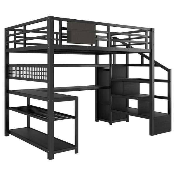 English Elm Full Size Steel Loft Bed with Staircase Storage Wardrobe Desk and Led Lighting Black W2593S00060