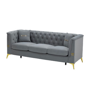 English Elm FX-P83-2PC Velvet Sofa Set of 2 with Tufted Cushions and Gold-Tone Metal Legs for Luxe Comfort Light Gray W576S00238