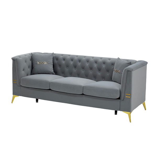 English Elm FX-P83-2PC Velvet Sofa Set of 2 with Tufted Cushions and Gold-Tone Metal Legs for Luxe Comfort Light Gray W576S00238