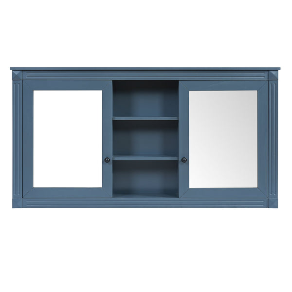 English Elm 55 Inch Wall Mount Medicine Cabinet Dual Mirrored Doors Soft Close Bathroom Vanity Storage Blue N710P401342C
