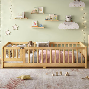 English Elm Twin Twin Size Floor Bed with Safety Guardrails and Playful Door for Kids, Pine/Plywood, Low Profile Natural W1580P338949