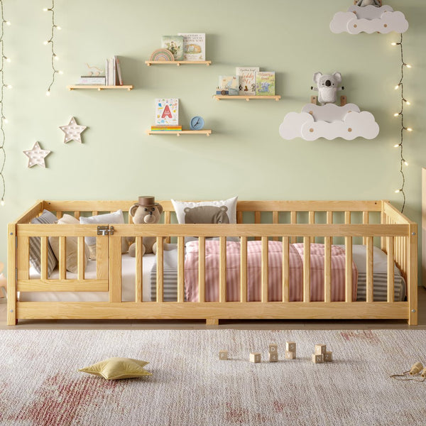 English Elm Twin Twin Size Floor Bed with Safety Guardrails and Playful Door for Kids, Pine/Plywood, Low Profile Natural W1580P338949