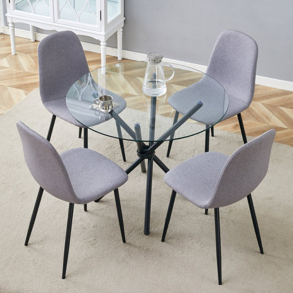 English Elm Table Set With Modern Transparent Glass Top & 4 Light Gray Linen Dining Chairs For Stylish Spaces W1151S03669-GIGA