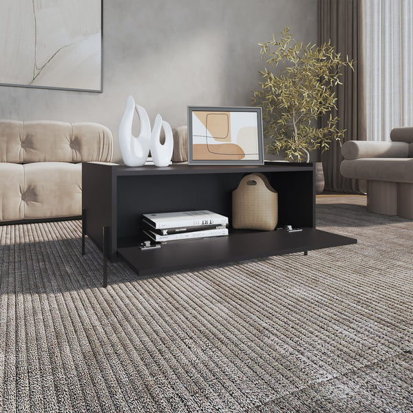 English Elm Shan Modern 15.6" Coffee Table in Black with Pull-Down Cabinet and Open Shelf, Compact Storage B200P253723