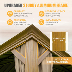 English Elm 14x20FT Hardtop Gazebo with Galvanized Double Roof, Aluminum Frame, Drainage System, Curtains & Netting Yellow Brown W1859S00099
