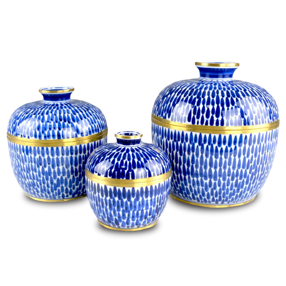 Plavan Artisan Jar Set of 3 – Hand-Painted Blue Ceramic with Brass Accents for Stylish Storage