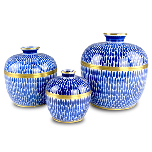 Plavan Artisan Jar Set of 3 – Hand-Painted Blue Ceramic with Brass Accents for Stylish Storage