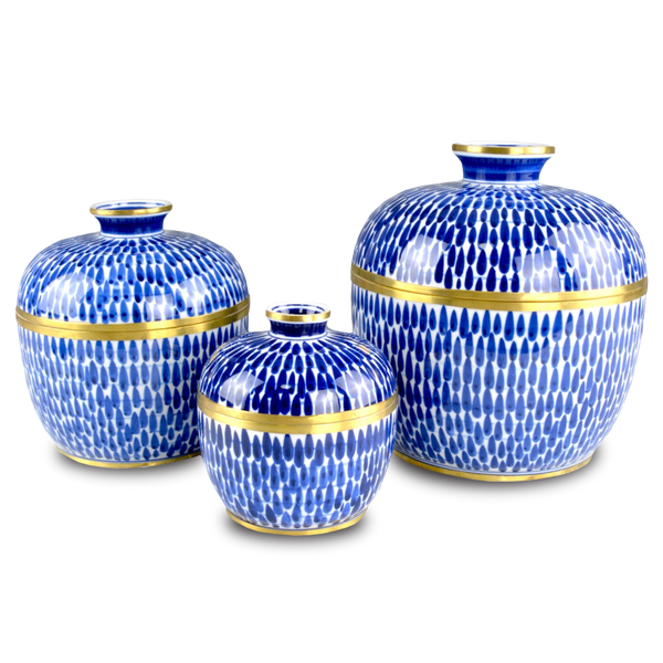 Plavan Artisan Jar Set of 3 – Hand-Painted Blue Ceramic with Brass Accents for Stylish Storage