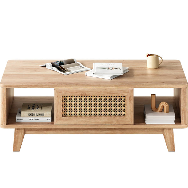English Elm Coffee Mid Century Storage Coffee Table with Rattan Drawer, Solid Wood Legs, Durable 110lb Capacity Natural T3623P380679