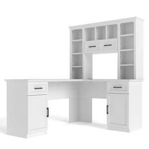 English Elm L-shaped Home Office Desk with Open Shelves Flip Shelf Cabinets and Drawer Storage White W1580S00492