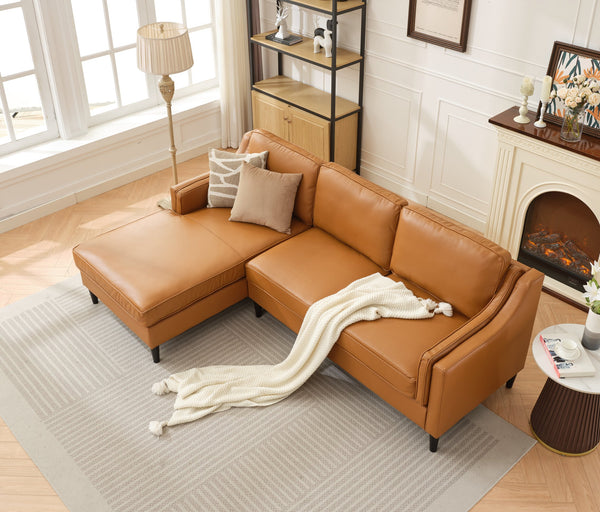 English Elm 94.5 Inch L-Shaped Genuine Leather Sofa With Left Chaise Lounge - Modern Tan Sectional Comfort W791S00022