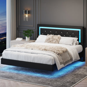English Elm Queen Platform Bed Pu Leather Tufted Headboard Rgb Led Floating Frame Modern W3107P419201