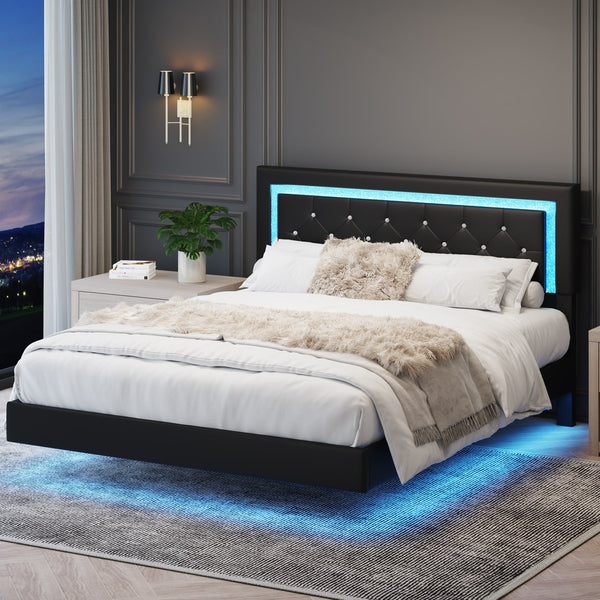 English Elm Queen Platform Bed Pu Leather Tufted Headboard Rgb Led Floating Frame Modern W3107P419201
