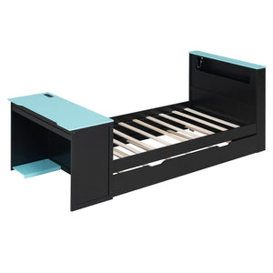 English Elm Twin Wood Gaming Daybed with Trundle Built-in Desk Rgb Lighting and Usb Port Black+Blue LT000283AAC