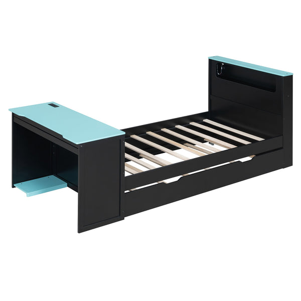 English Elm Twin Wood Gaming Daybed with Trundle Built-in Desk Rgb Lighting and Usb Port Black+Blue LT000283AAC