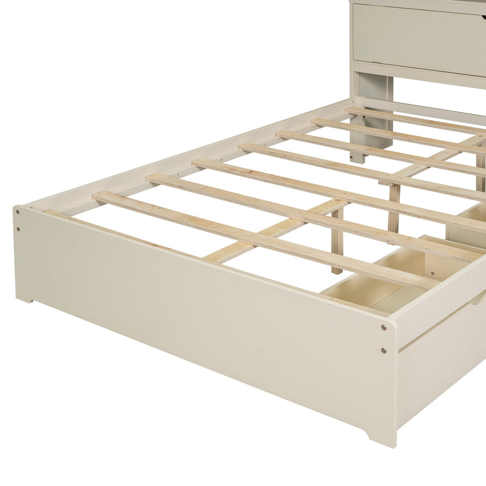 English Elm Full Size Wooden Platform Bed With Usb Charging, Storage Headboard & Elegant Drawers In Cream N820S00045K