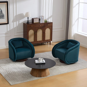 English Elm Swivel Barrel Chair Pumpkin Sculptural Velvet Upholstered with Walnut Wood Round Base Teal W3244P427742