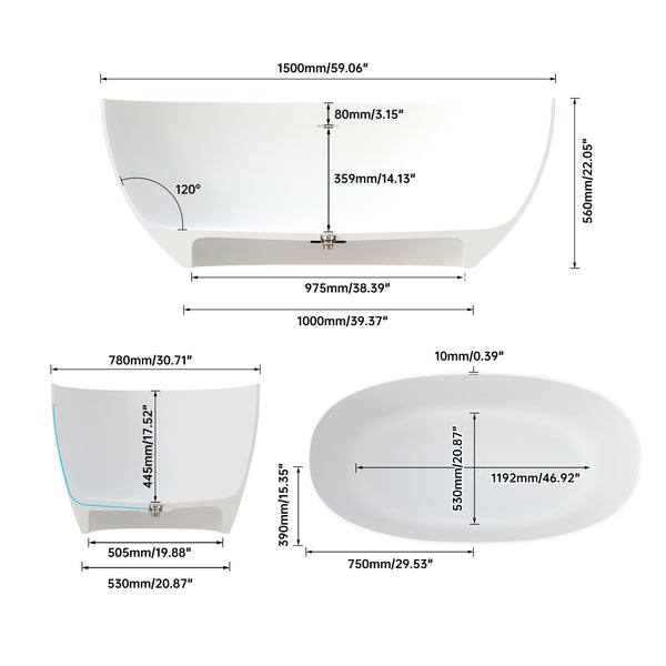 English Elm 59 Inch Freestanding Stone Resin Soaking Tub Sculptural Matte Spa Bath Design T3785P353969