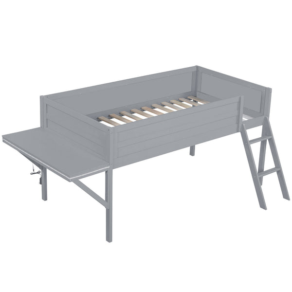 English Elm Wood Twin Gaming Loft Bed with Desk, LED Lighting & Storage Shelves—Sturdy Pine Build for Kids (98) N709P236479E