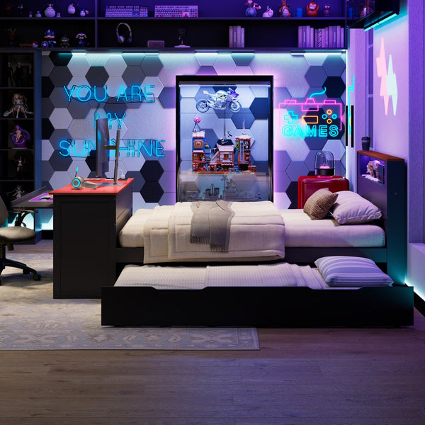 English Elm Full Size Wood Platform Daybed with Trundle Desk Rgb Led Lighting Gaming Bedroom Black+Red LT000284AAR
